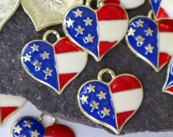 6 American Heart Enamel and Gold Charms, Enamel Heart Charms, Patriotic Charms 16.5mm