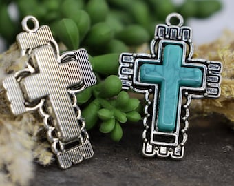 Double Sided Antique Silver Cross with Turquoise (Resin) - Southwest Style Jewelry Cross - Qty 1