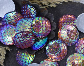 Iridescent Mermaid Fish Scale Flat Bottom Round Cabochons in Purple or Blue - Dragon Scale Cabochons - AB Color - Qty 10