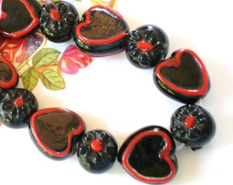 Lampwork glass beads Black red heart bracelet strand zzxx