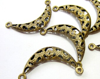 8 Antique Bronze earring chandeliers bohemian gypsy tribal dangles crescent moon open work  filigree 12mm x 23mm