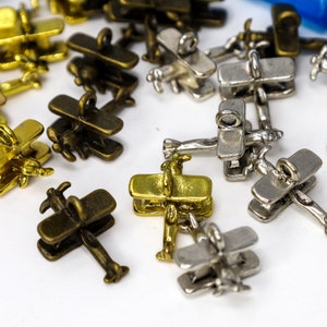 Airplane Charms - Bi-Plane Land and Sea Charm Jewelry - Aviation Jewelry - Double-Sided 15mm x 10mm - Bronze, Gold, Silver - Qty 10