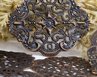 Antikes filigranes Kupferzubehör, gestempelte Medaillons im viktorianischen Stil mit durchbrochenem Spitzendesign, 44 x 34 mm, Menge: 10