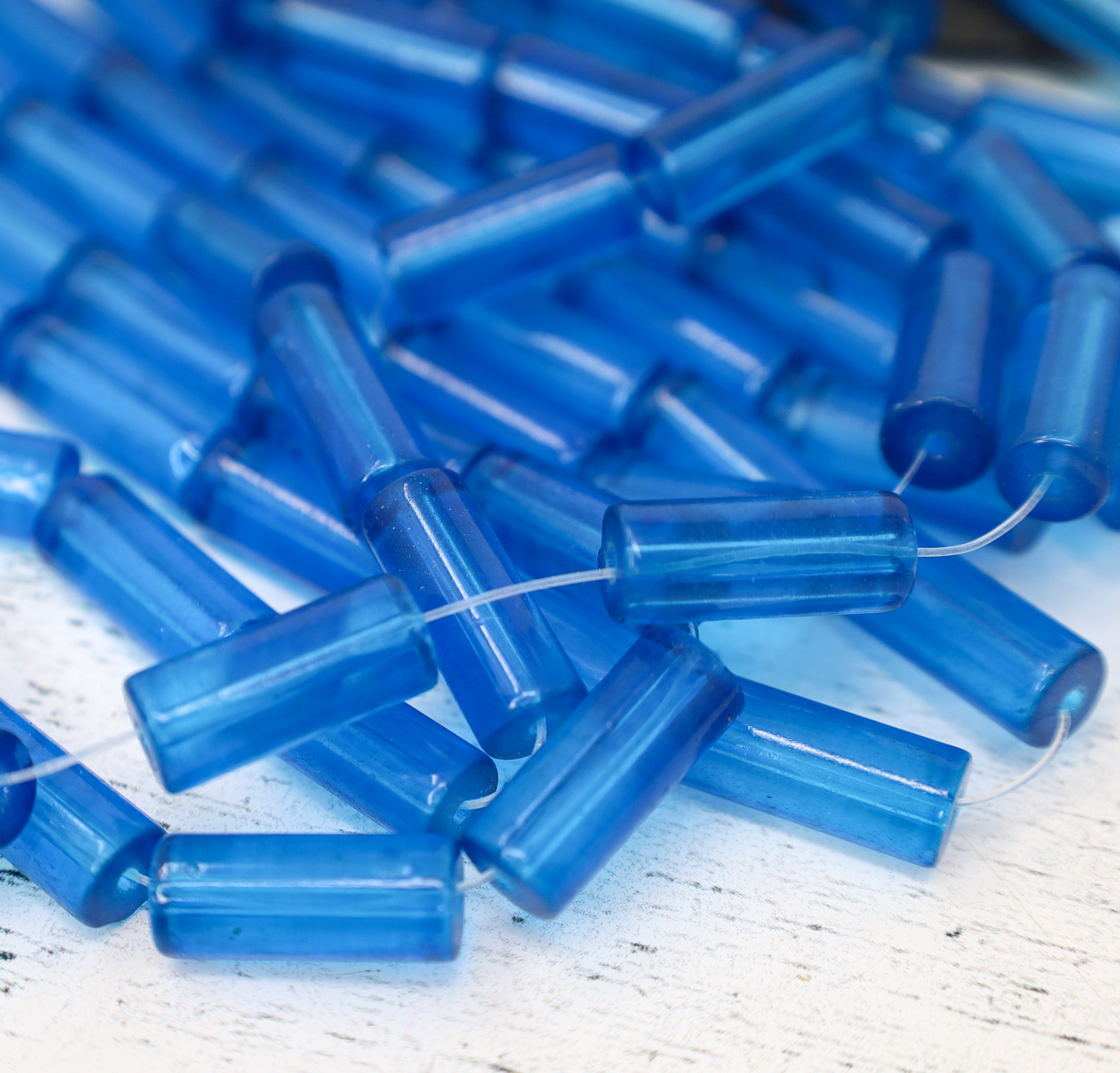 Royal Blue Glass Tube Beads - Semi-Transparent Blue Beads - Glass Spacer Beads - Qty 20
