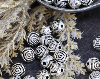 24 Antique Silver Rose Spacer Beads, Silver Metal Spacer Beads, Floral Metal Beads, Rose Beads, ~6mm