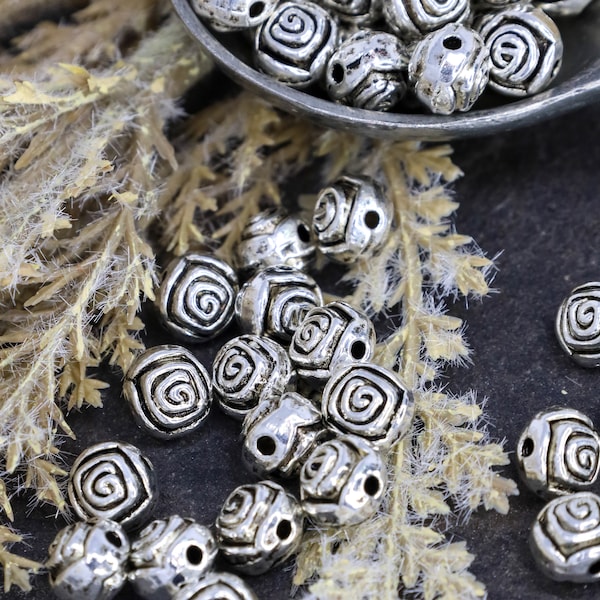 24 Antique Silver Rose Spacer Beads, Silver Metal Spacer Beads, Floral Metal Beads, Rose Beads, ~6mm