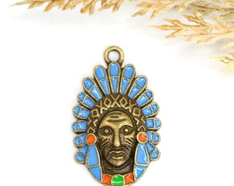 Indian Chief Pendant, Boho Enamel Charm, Antique Bronze Focal, Southwestern Jewelry Making
