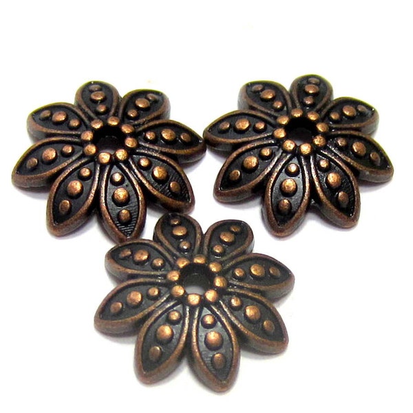 Antique Red copper bead caps 15mm x 15mm lead free jewelry making supplies Qty 28