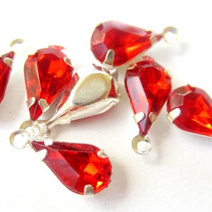 Red Rhinestone Teardrop Dangles, Glass Pear Drop Charms In Silver Setting For Earrings Necklaces Bracelets Crafts, Sparkling Jewelry, Qty: 8