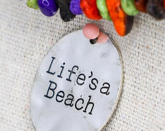 Antique Silver “Life’s a Beach” Message Charms, Oval Quote Pendants, Coastal Beach Jewelry, 30mm
