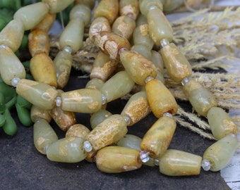 Natural Green and Beige Xiuyan Jade Teardrop Beads - Natural Stone Beads - Focal Teardrop Bead - Qty 10