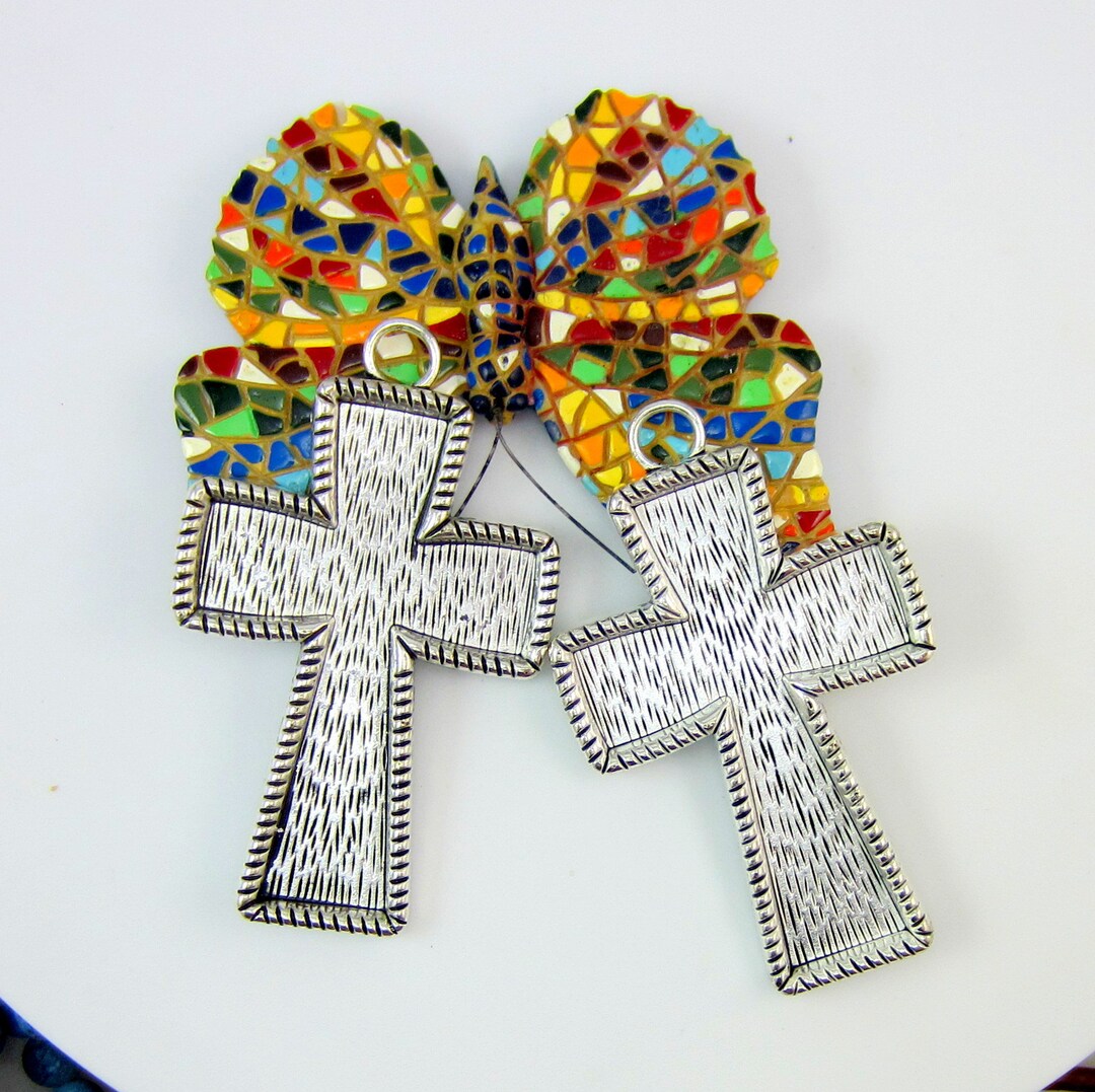 2 Silver Cross Pendant Tray Mosaic Bezel Cross Resin Tray 70mm X 43mm