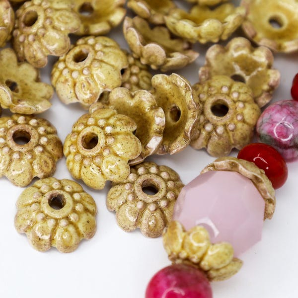 Handmade Porcelain Flower Bead Caps, Multi Petal Brown Ceramic Bead Caps, 11x4mm, Hole 2mm, Qty: 12