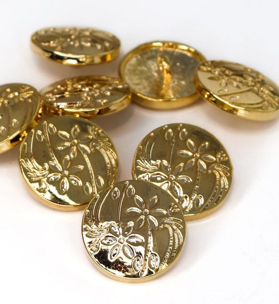 Gold Flat Round Shank Buttons, Polished 18K Gold Finish Buttons, Classic Boho Sewing or Jewelry Embellishments, Qty: 6