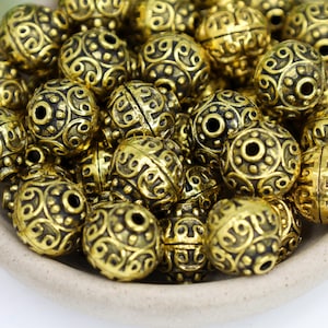 6 Antique Gold beads ethnic ancient design Tibetan style 13mm 13mm