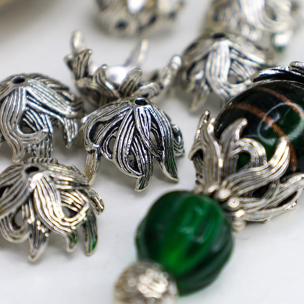 Tapas de cuentas de flores de plata antigua de estilo tibetano - Tapas de cuentas de plata para hacer joyas y manualidades