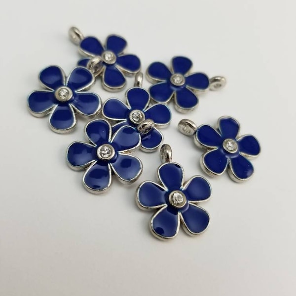 10 Silver Flower charms  blue cherry blossoms wedding supplies blue enameled flowers  jewelry findings 15mm x 18mm silver flower