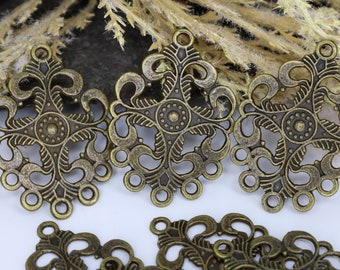 Antique Bronze Floral Earring Chandeliers, Filigree Oval Connectors, Vintage Bronze Jewelry Findings, Earrings Pendants, Qty 6