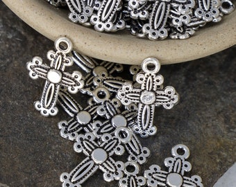 Antique Silver Cross Charm, Patterned Silver Cross, Religious Charms, Catholic Charms, Qty 10