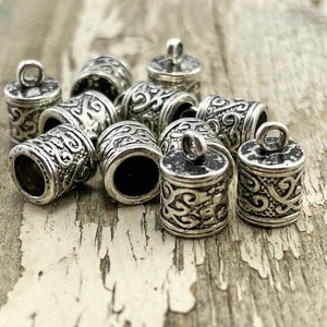16 Antique silver bead caps barrel end caps cord end tassel caps hanger 13mm x 8.5mm leather cord ends silver bails