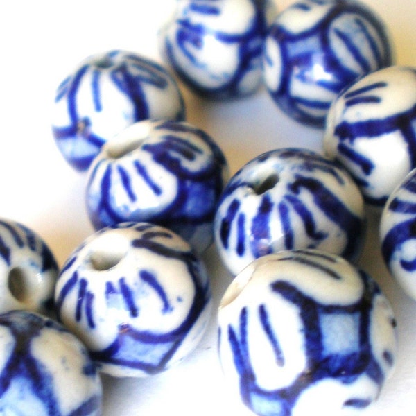 10 blue delft style porcelain beads 8mm jewelry craft supplies 8mm