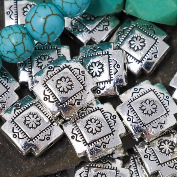 20 Antique Silver Santa Fe Style Square Spacer Beads, Southwestern Style Metal Spacer Beads, Silver Metal Beads, Silver Jewelry Findings