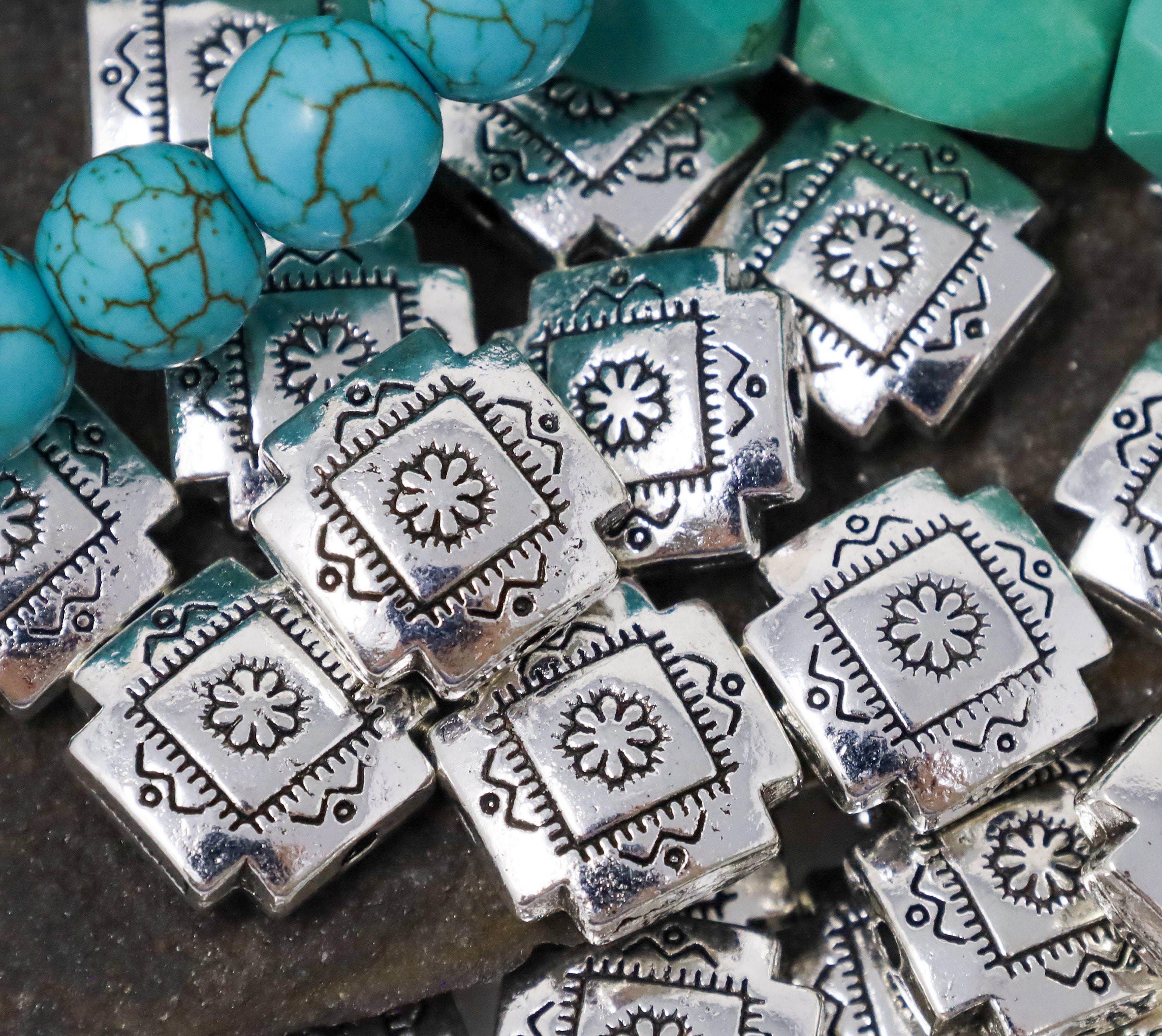 18 Antique Silver Santa Fe Style Square Spacer Beads, Southwestern Style Metal Spacer Beads, Silver Metal Beads, Silver Jewelry Findings