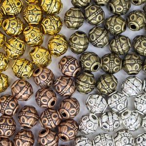 Patterned Barrel Beads - Metal Spacer Beads - Red Copper, Bronze, Silver, Gold - Qty 24