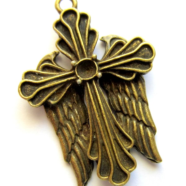 3 Winged cross pendants jewelry charms antique bronze 4 x 2.8 cm steampunk  goth supply