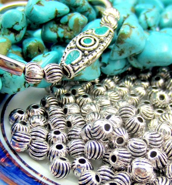 30 Antique Silver Round Ribbed Beads, Corrugated Silver Spacer