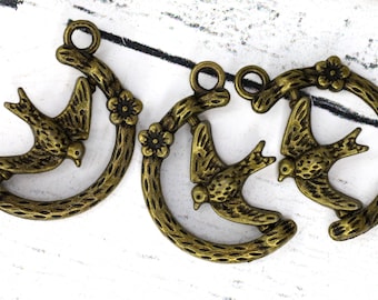 Rotatable Bronze Sparrow Charm on Branch - Bronze Bird Charms - Swivel Swallow Bronze Jewelry Charm - Bronze Bird Pendant - Qty 4