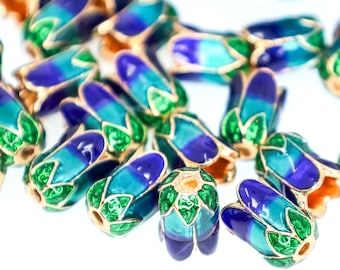 Peacock Enamel Flower Bead Caps, Bold Blue Green Floral Caps, Light Gold Findings