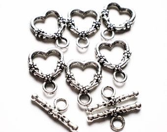 10 Silver toggles heart flower jewelry craft toggles 14mm x 19mm