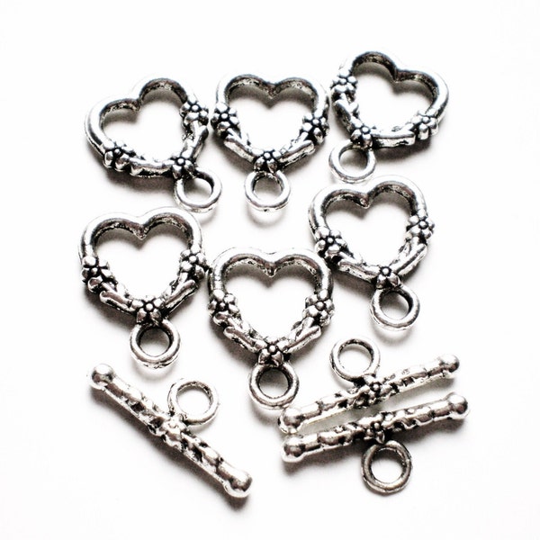 10 Silver toggles heart flower jewelry craft toggles 14mm x 19mm