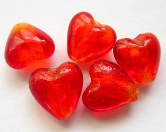 6 Red Lampwork Hearts with Foil, Red Heart Beads, Red Glass Beads, Red Spacer Beads, Red Valentine Beads, Heart Spacer Beads, 12 or 20mm