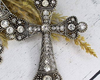 Antique Silver Rhinestone Cross Pendant, Large Crystal Cross Charm, Statement Jewelry, 101x71mm Rosary Pendant, DIY Necklace Supply - Qty 1