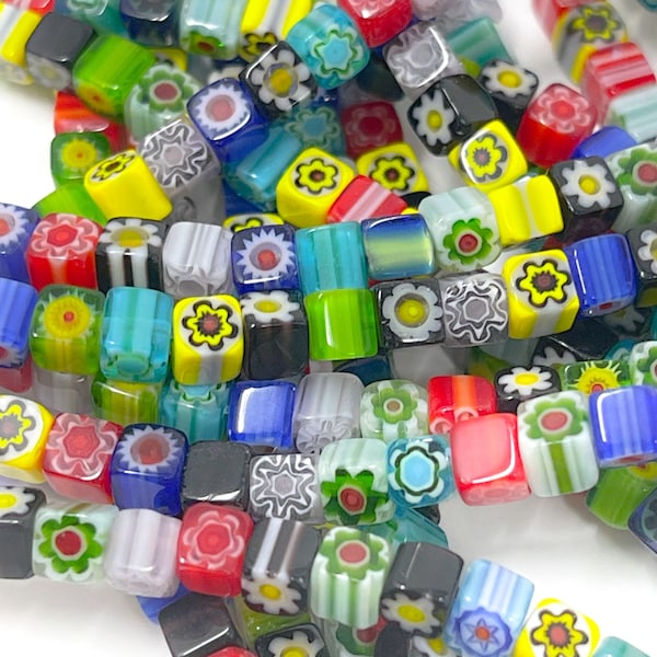 Handmade Millefiori Glass Bead Strands, Square Beads, Mixed Color Lampwork Beads, 1 Strand, 6mm or 4mm