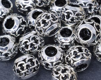 Antika silverpärlor med stora hål i rondeller - Silverpärlor i metall med rondeller - Silversmyckesdetaljer - Antal 18