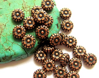 30 Copper beads flower spacers jewelry making supplies 7mm x 3mm lead free nickel free round flower beads