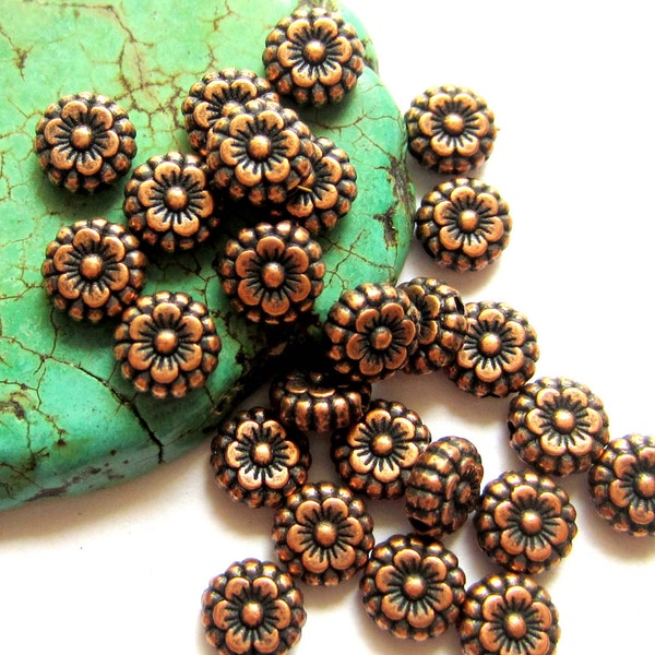 30 Copper beads flower spacers jewelry making supplies 7mm x 3mm lead free nickel free round flower beads