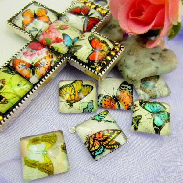 12 Mixed butterfly cabochon square glass flat back tile printed mosaic supply 15mm x 15mm