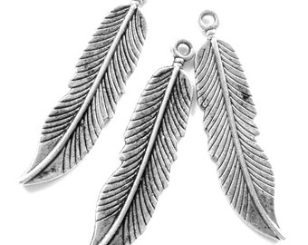 8 Feather charms antique silver pendants 45mm 11m jewelry making supplies