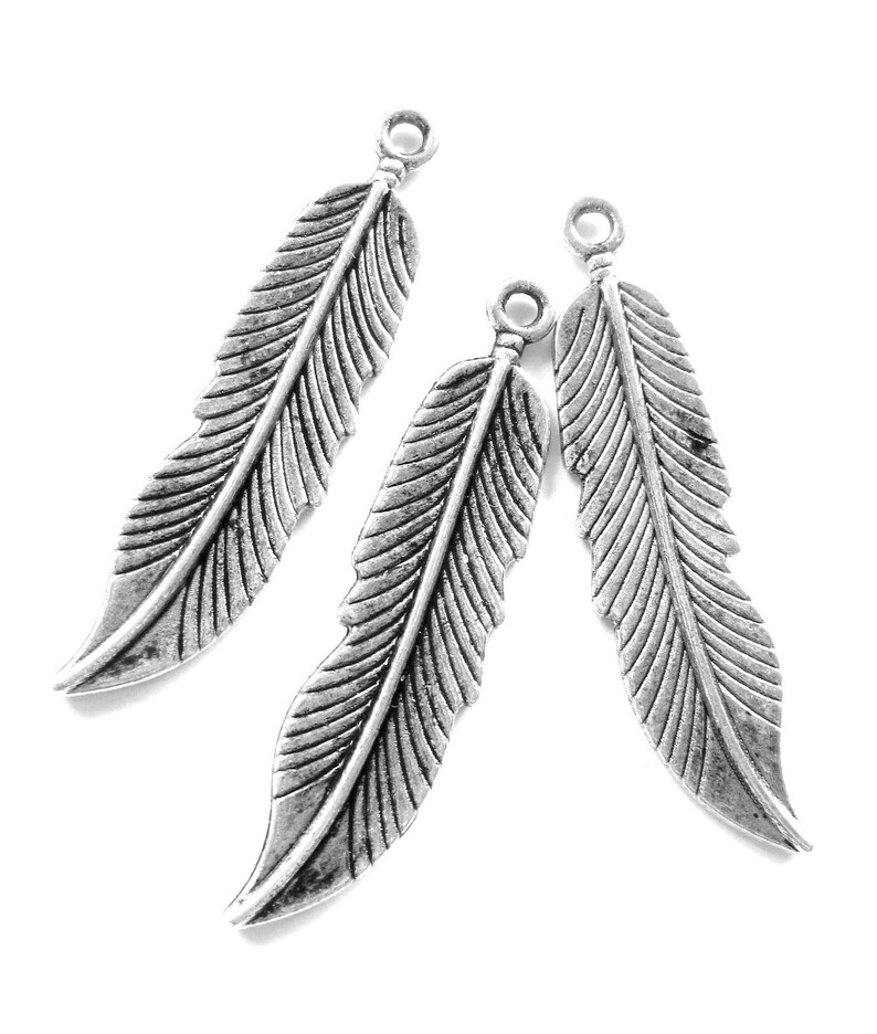 8 Feather charms antique silver pendants 45mm 11m jewelry making supplies image 1