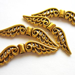 Antique Gold Wing Beads, Tibetan Style Feather Charms for Earrings and Pendants, Boho Angelic Jewelry Supplies, Qty: 10