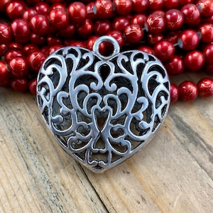 1 Antique Silver Oversized Filigree Heart Pendant, Silver Heart Jewelry, Large Heart Charms for Jewelry, DIY Pendant, Puffed Heart Charm