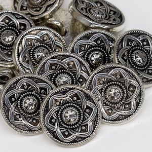Antique Silver Flower Shank Buttons, 15mm Round Carved Metal Sewing Buttons for Clothing or Crafts, Qty: 6