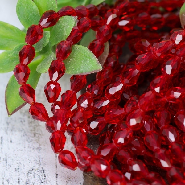 Red Crystal Glass Faceted Beads - Set 24, Glass Teardrop Beads, Glass Spacer Beads, Red Glass Beads, Crystal Suncatcher, 9mm long