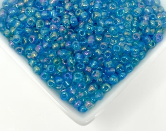 Round Aqua Transparent Seed Beads with a Rainbow Luster, Aqua Blue Glass Seed Beads, 4mm, 50g