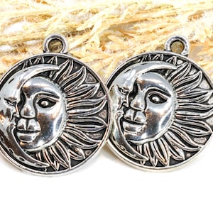 Silver Moon and Sun Pendants, Celestial Flat Round Charms, Occult Silver Moon, Qty: 4