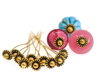 Antique Gold Brass Fancy Head Pins, Decorative Flower Headpins, Jewelry Findings, Wire Pins for Beading, 53-55mm